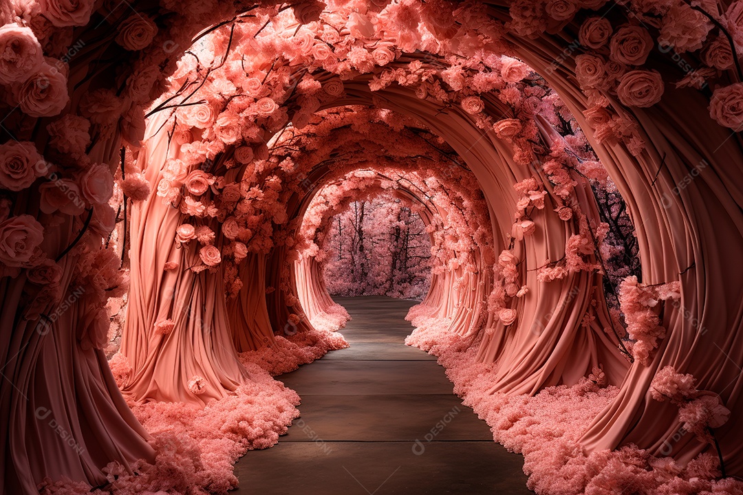 Imagem de fundo do túnel, caminho de rosas cor de rosa