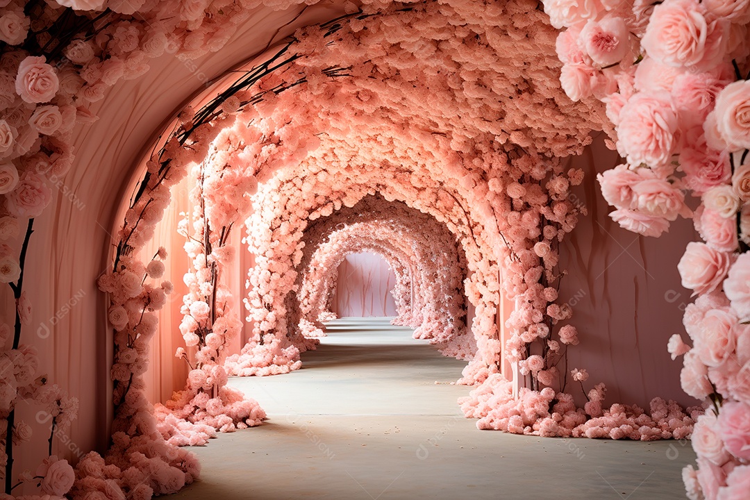Imagem de fundo do túnel, caminho de rosas cor de rosa