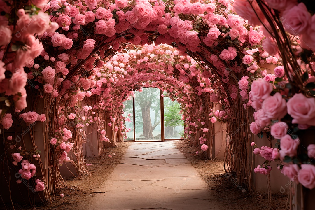 Imagem de fundo do túnel, caminho de rosas cor de rosa