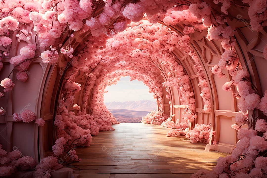 Imagem de fundo do túnel, caminho de rosas cor de rosa