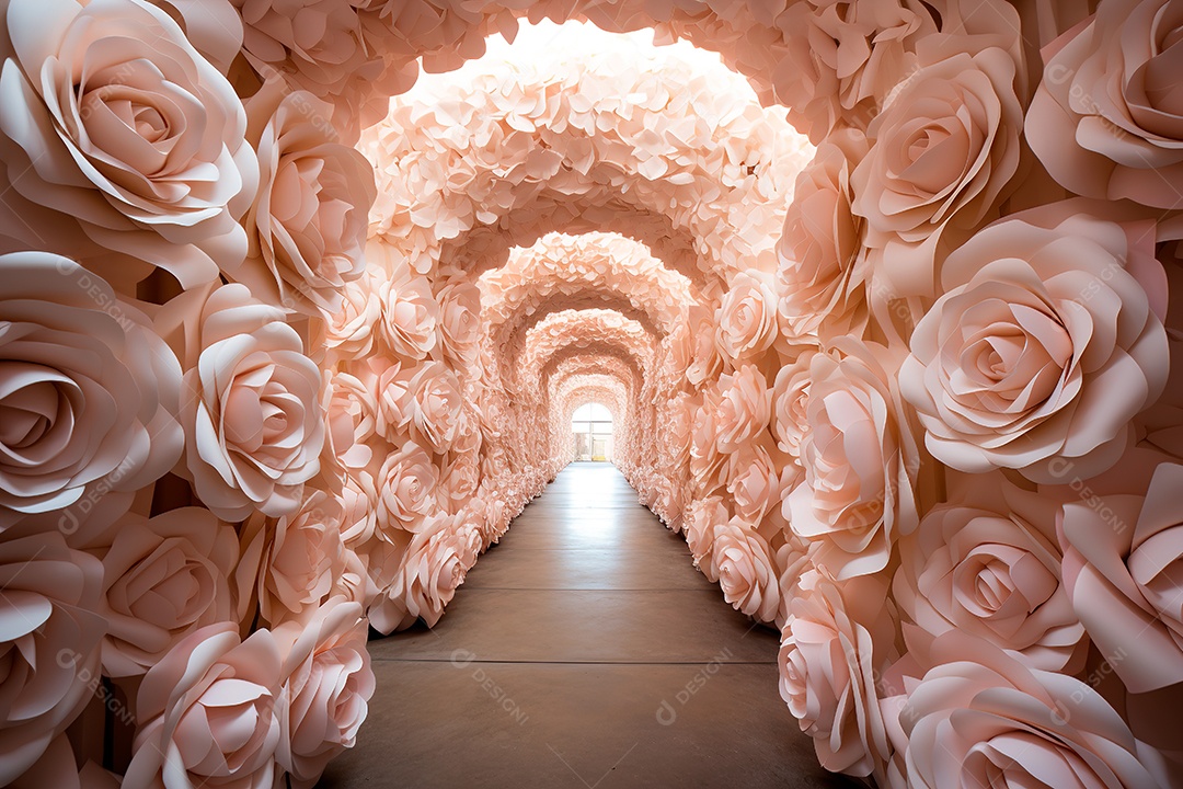 Imagem de fundo do túnel, caminho de rosas cor de rosa