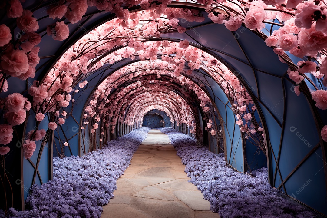 Imagem de fundo do túnel, caminho de rosas cor de rosa