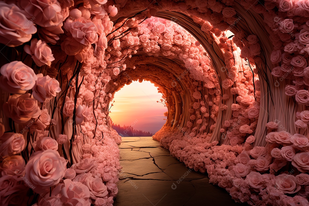 Imagem de fundo do túnel, caminho de rosas cor de rosa