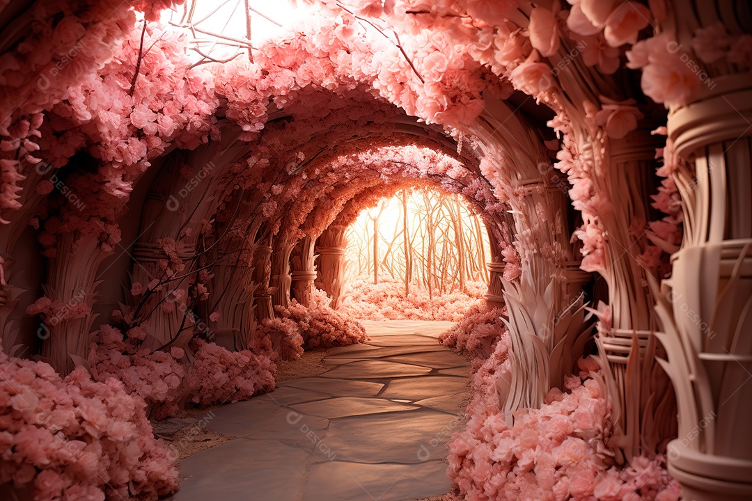 Imagem de fundo do túnel, caminho de rosas cor de rosa