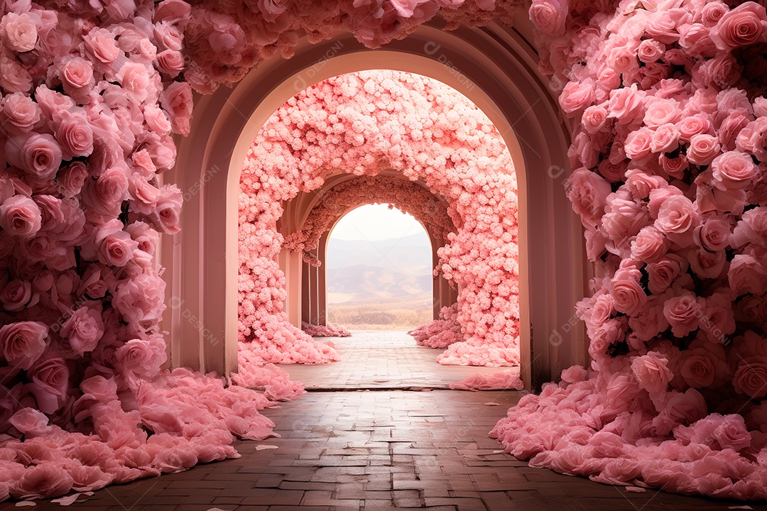 Imagem de fundo do túnel, caminho de rosas cor de rosa
