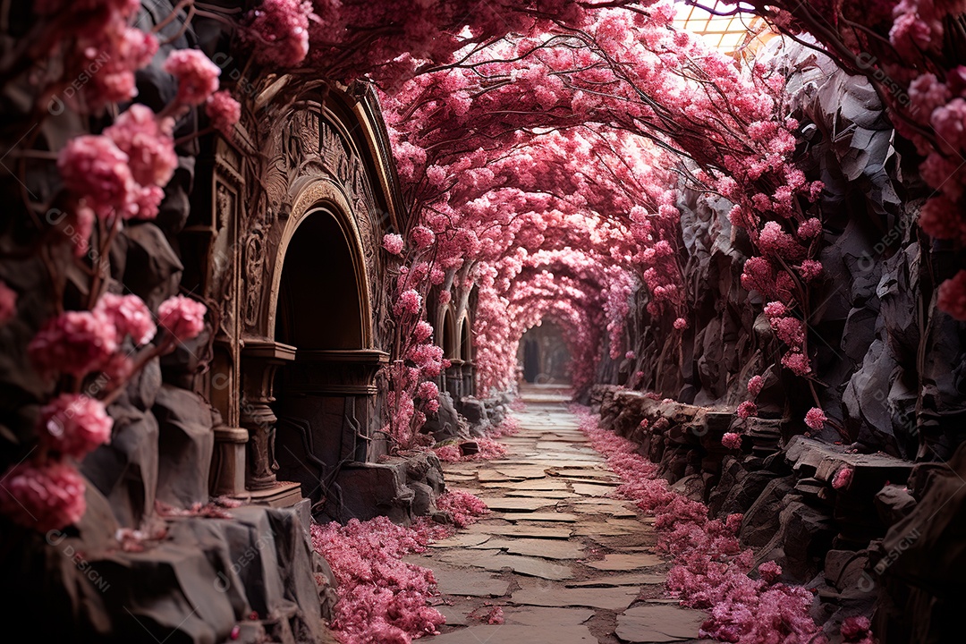 Imagem de fundo do túnel, caminho de rosas cor de rosa