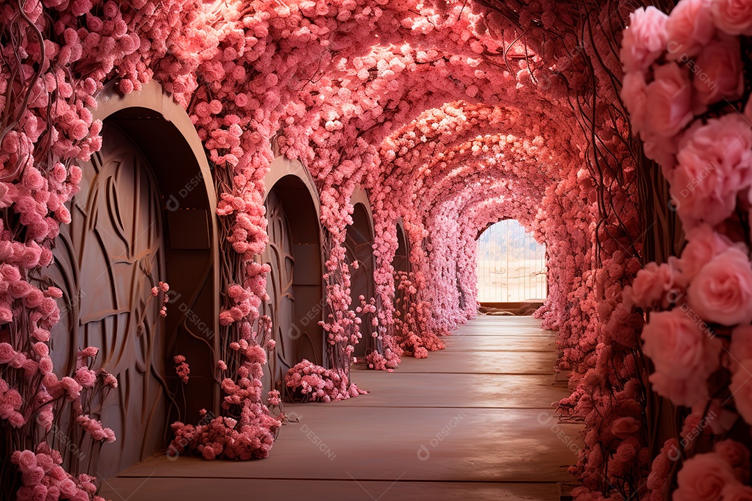 Imagem de fundo do túnel, caminho de rosas vermelhas