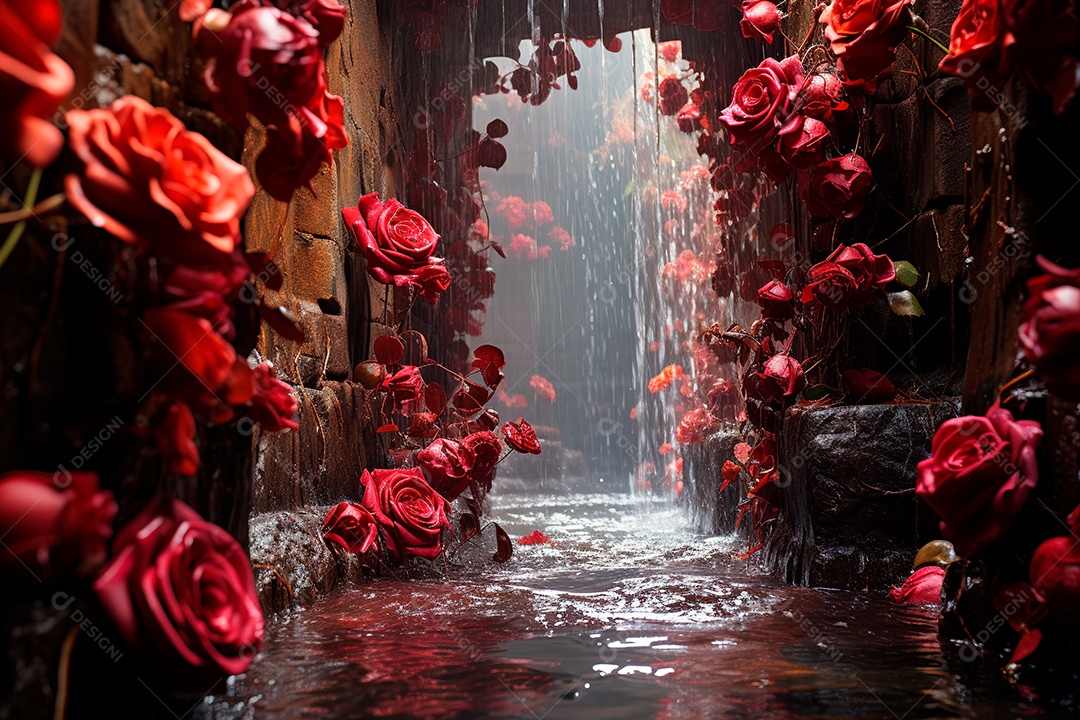 Imagem de fundo do túnel, caminho de rosas vermelhas