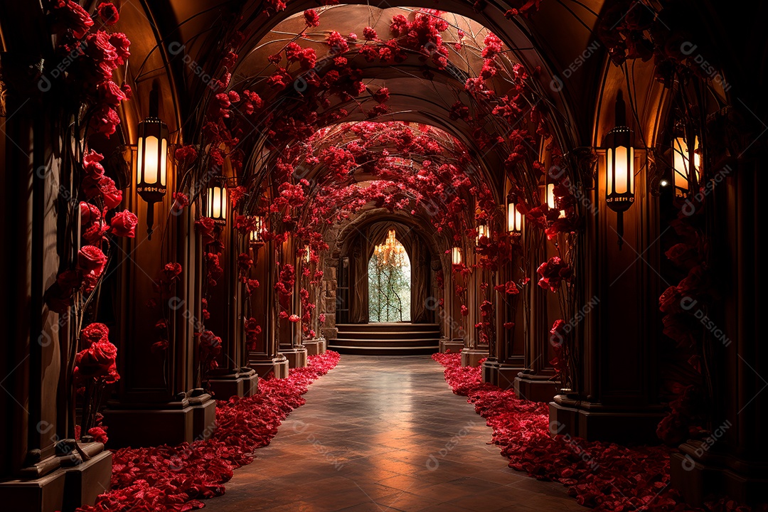 Imagem de fundo do túnel, caminho de rosas vermelhas