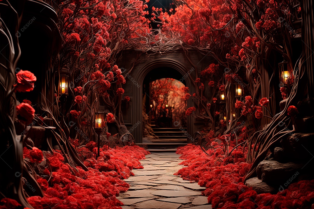 Imagem de fundo do túnel, caminho de rosas vermelhas