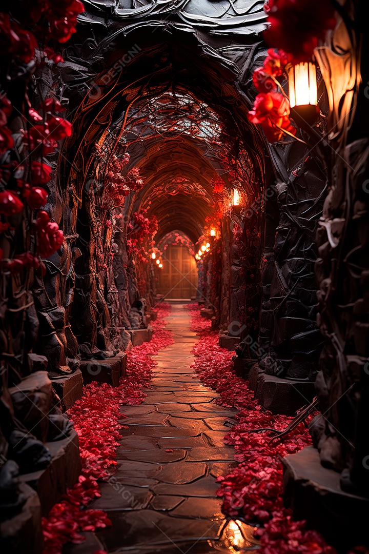 Imagem de fundo do túnel, caminho de rosas vermelhas