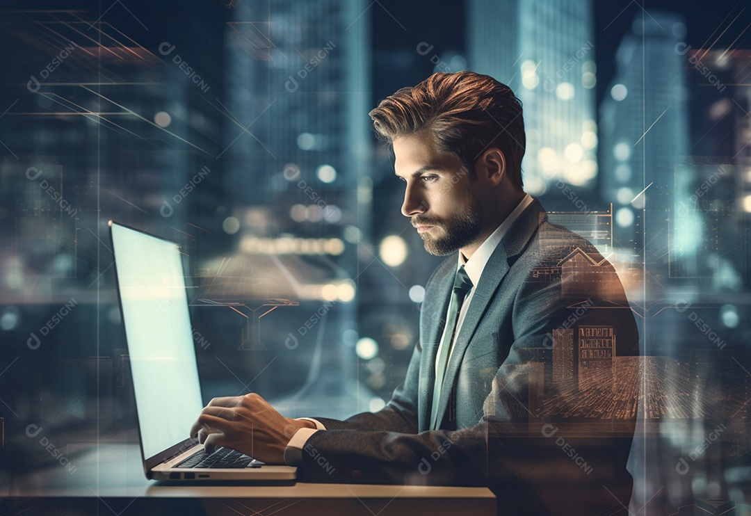 Imagem realista de homem empresário sobre um escritório mexendo em seu computador