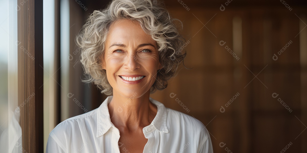Sorrindo e elegante mulher de meia-idade transmitindo felicidade e saúde para a longevidade da geração futura