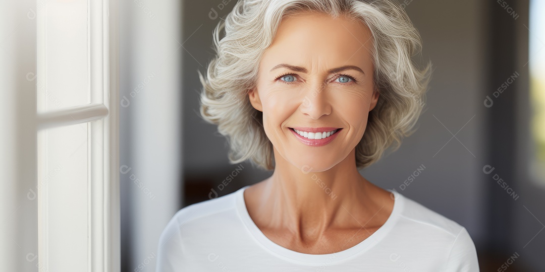 Sorrindo e elegante mulher de meia-idade transmitindo felicidade e saúde para a longevidade da geração futura