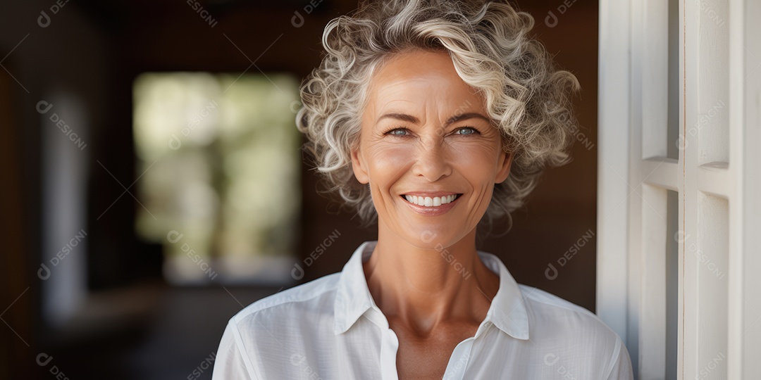 Sorrindo e elegante mulher de meia-idade transmitindo felicidade e saúde para a longevidade da geração futura