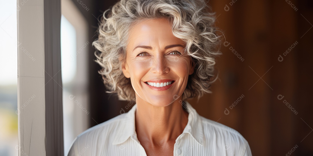 Sorrindo e elegante mulher de meia-idade transmitindo felicidade e saúde para a longevidade da geração futura