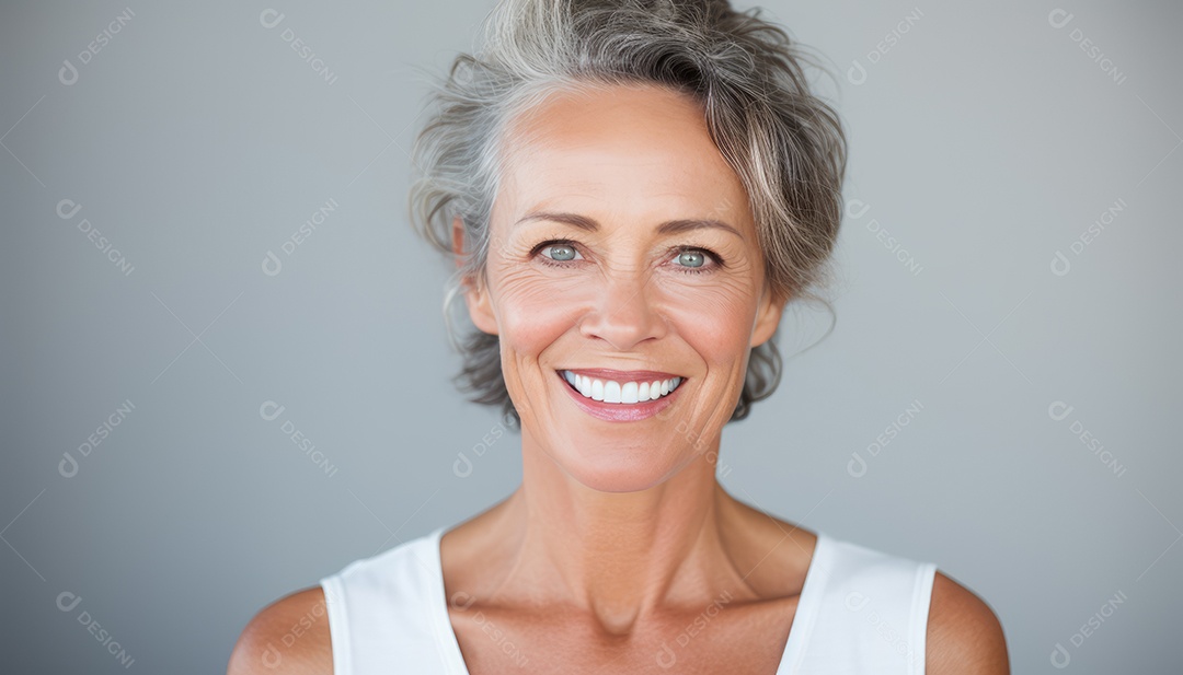 Sorrindo e elegante mulher de meia-idade transmitindo felicidade e saúde para a longevidade da geração futura