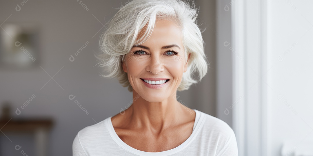 Sorrindo e elegante mulher de meia-idade transmitindo felicidade e saúde para a longevidade da geração futura