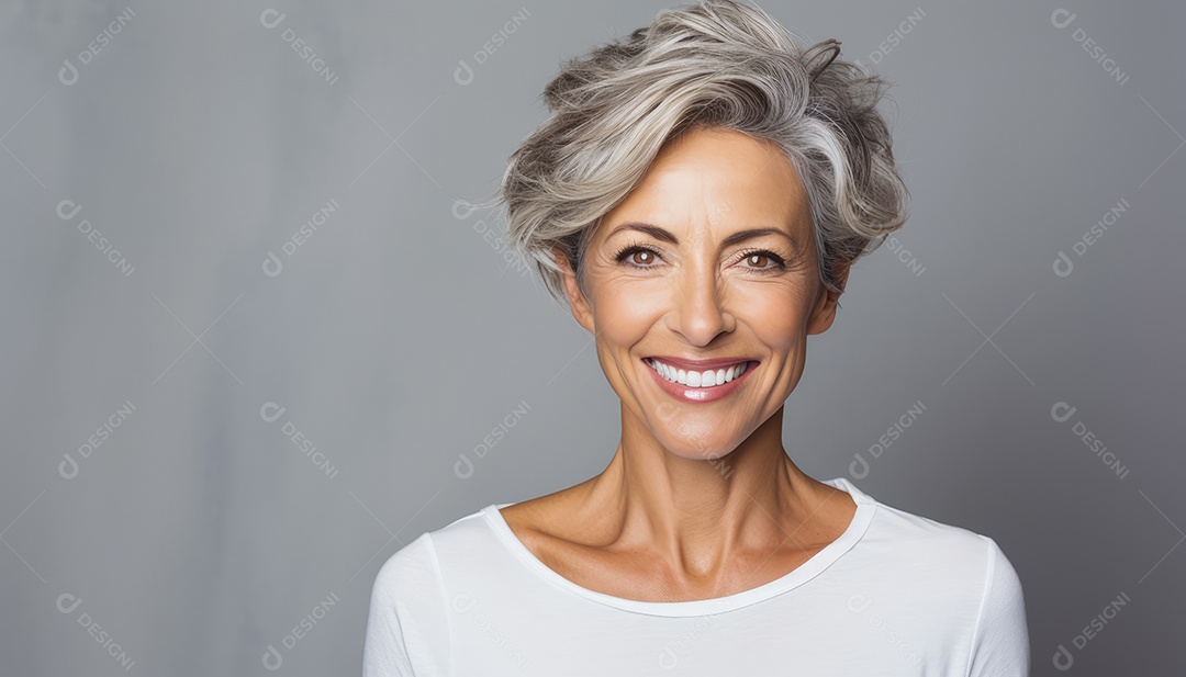 Sorrindo e elegante mulher de meia-idade transmitindo felicidade e saúde para a longevidade da geração futura