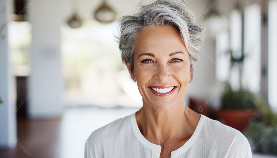 Sorrindo e elegante mulher de meia-idade transmitindo felicidade e saúde para a longevidade da geração futura