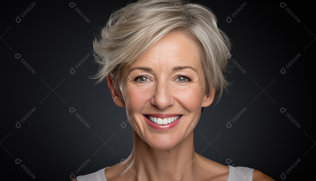 Sorrindo e elegante mulher de meia-idade transmitindo felicidade e saúde para a longevidade da geração futura