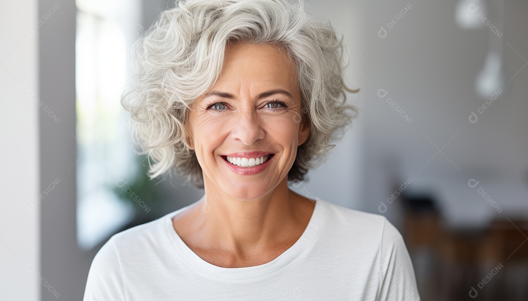 Sorrindo e elegante mulher de meia-idade transmitindo felicidade e saúde para a longevidade da geração futura