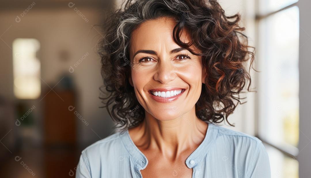 Sorrindo e elegante mulher de meia-idade transmitindo felicidade e saúde para a longevidade da geração futura