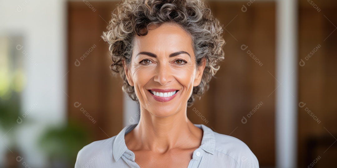 Sorrindo e elegante mulher de meia-idade transmitindo felicidade e saúde para a longevidade da geração futura