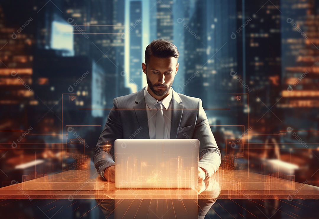 Imagem realista de homem empresário sobre um escritório mexendo em seu computador