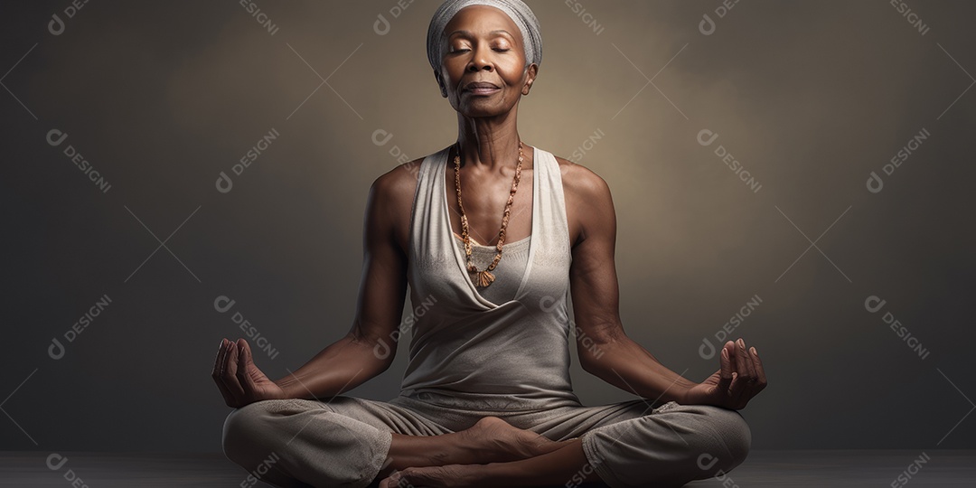 Uma mulher elegante mais velha, madura e amigável meditando e fazendo ioga com comportamento calmo e sereno