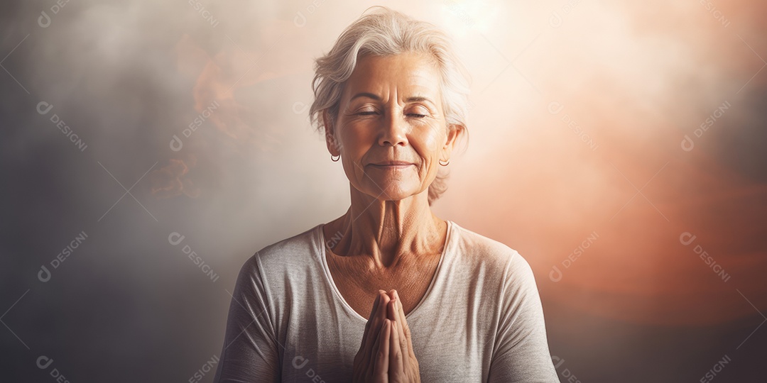 Uma mulher elegante mais velha, madura e amigável meditando e fazendo ioga com comportamento calmo e sereno