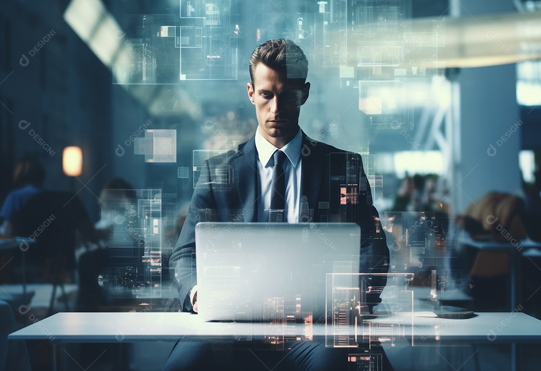 Imagem realista de homem empresário sobre um escritório mexendo em seu computador