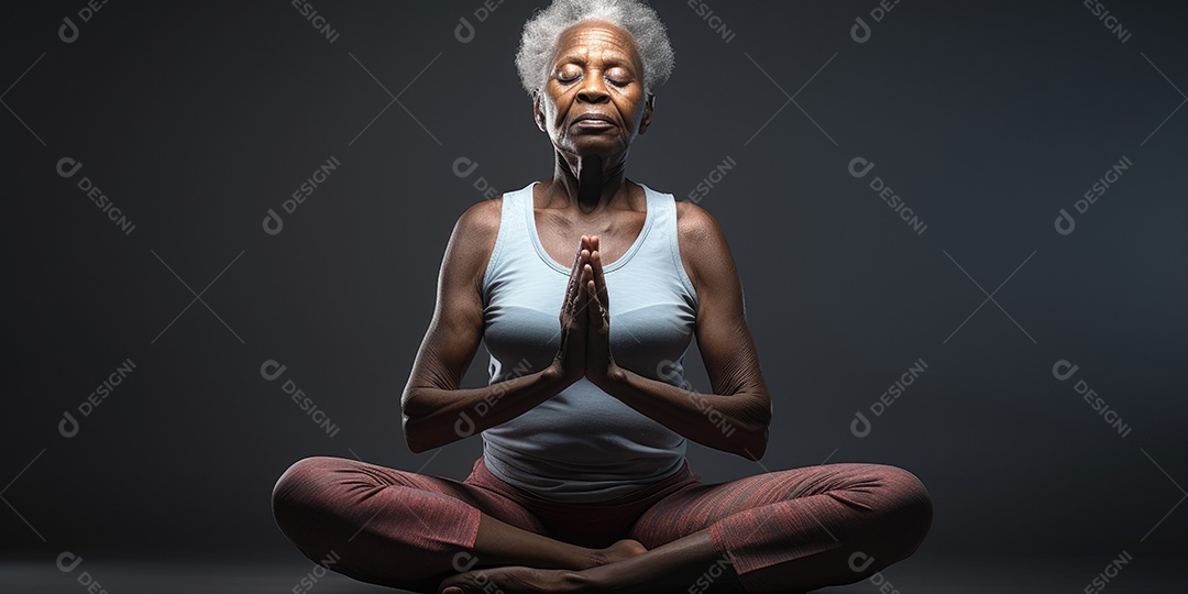 Uma mulher elegante mais velha, madura e amigável meditando e fazendo ioga com comportamento calmo e sereno
