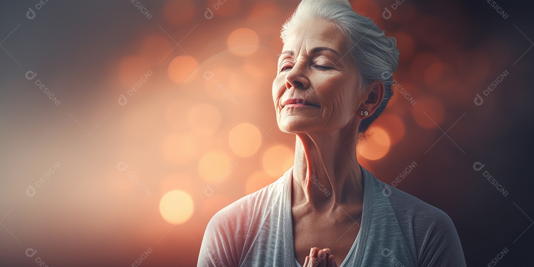 Uma mulher elegante mais velha, madura e amigável meditando e fazendo ioga com comportamento calmo e sereno