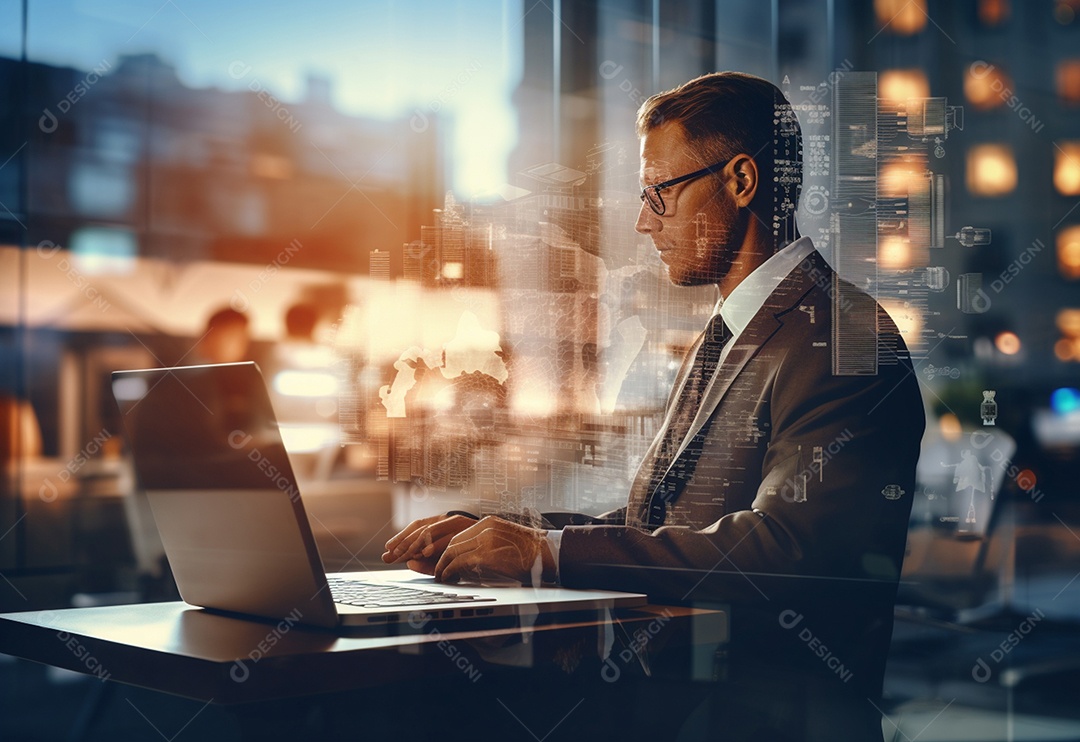 Imagem realista de homem empresário sobre um escritório mexendo em seu computador