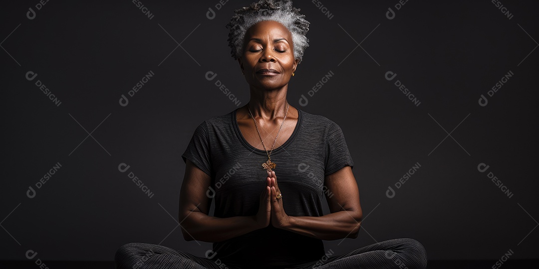 Uma mulher elegante mais velha, madura e amigável meditando e fazendo ioga com comportamento calmo e sereno