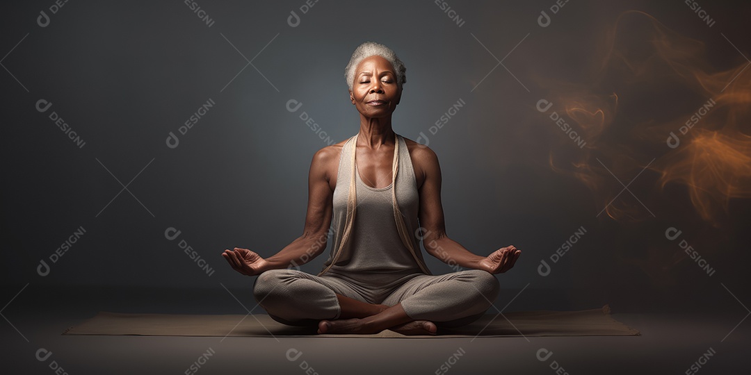 Uma mulher elegante mais velha, madura e amigável meditando e fazendo ioga com comportamento calmo e sereno