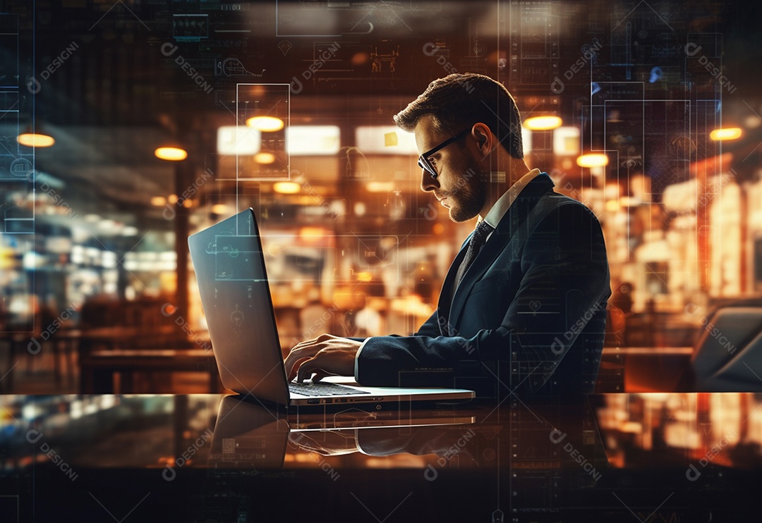 Imagem realista de homem empresário sobre um escritório mexendo em seu computador