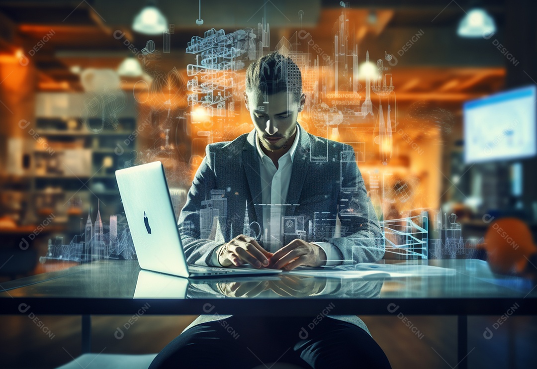 Imagem realista de homem empresário sobre um escritório mexendo em seu computador