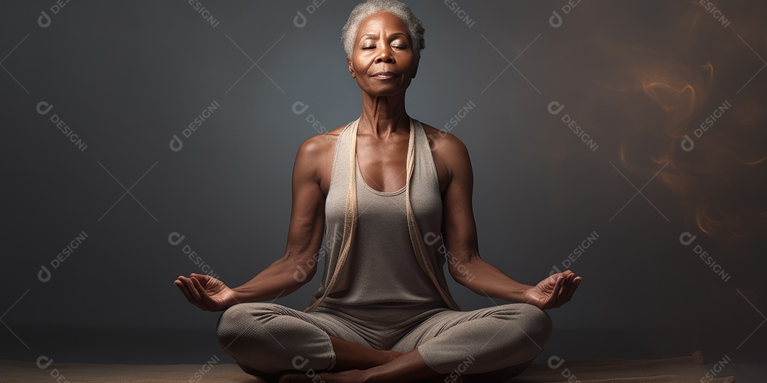 Uma mulher elegante mais velha, madura e amigável meditando e fazendo ioga com comportamento calmo e sereno