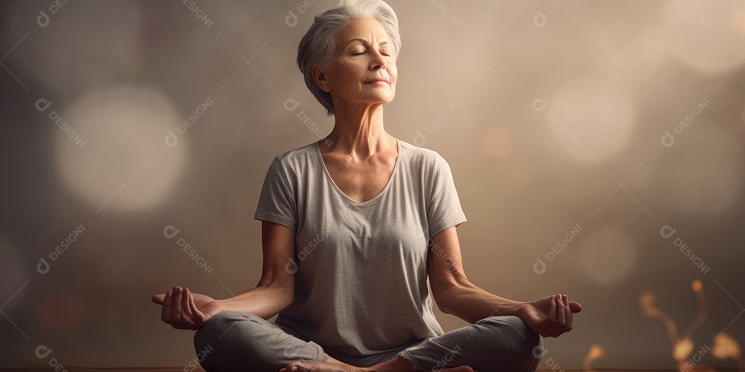 Uma mulher elegante mais velha, madura e amigável meditando e fazendo ioga com comportamento calmo e sereno