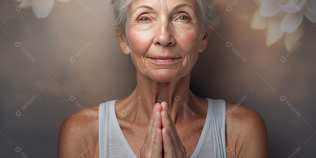 Uma mulher elegante mais velha, madura e amigável meditando e fazendo ioga com comportamento calmo e sereno