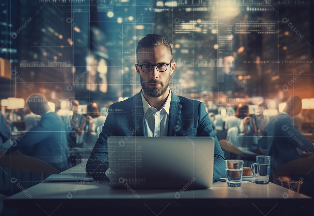 Imagem realista de homem empresário sobre um escritório mexendo em seu computador