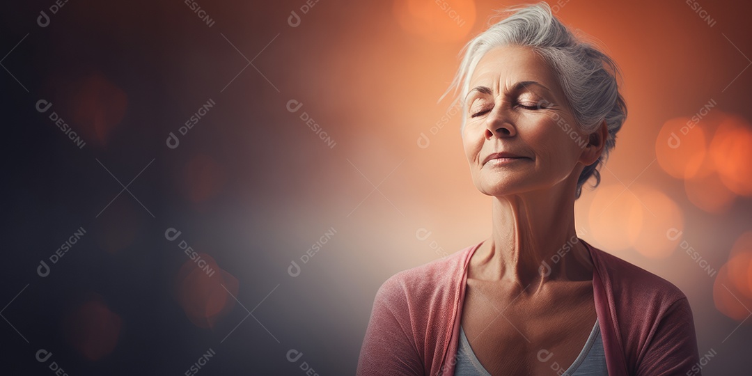 Uma mulher elegante mais velha, madura e amigável meditando e fazendo ioga com comportamento calmo e sereno