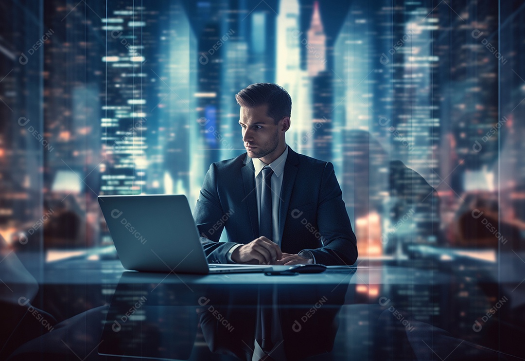 Imagem realista de homem empresário sobre um escritório mexendo em seu computador