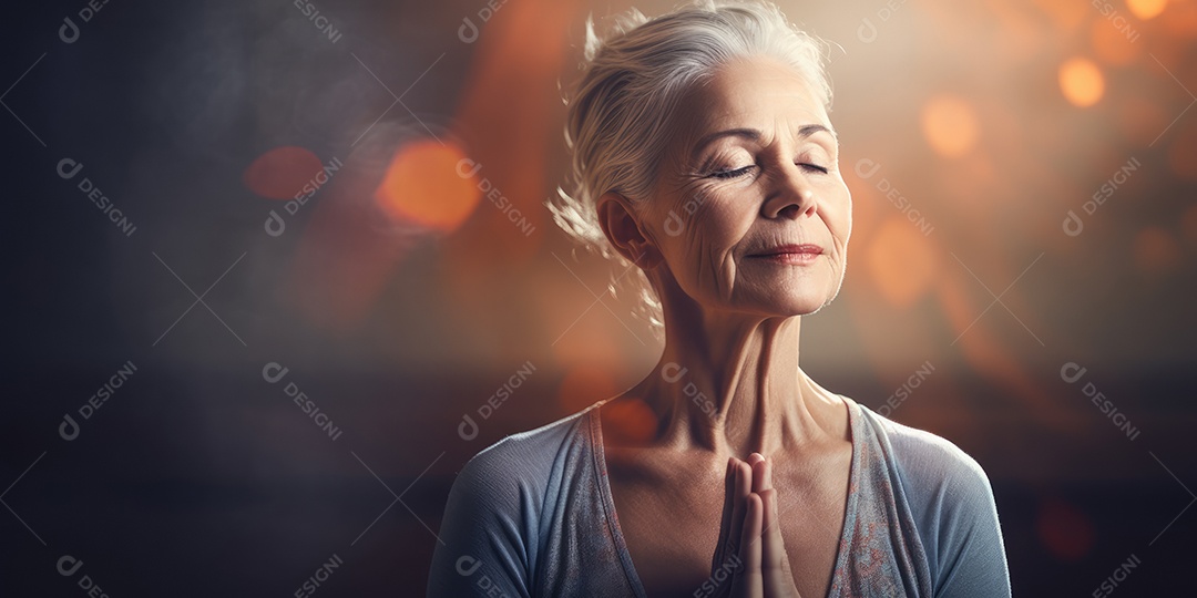 Uma mulher elegante mais velha, madura e amigável meditando e fazendo ioga com comportamento calmo e sereno