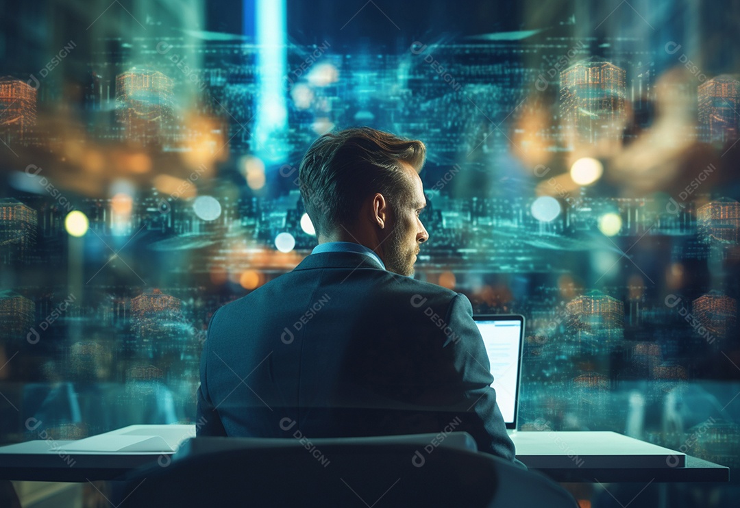 Imagem realista de homem empresário sobre um escritório mexendo em seu computador