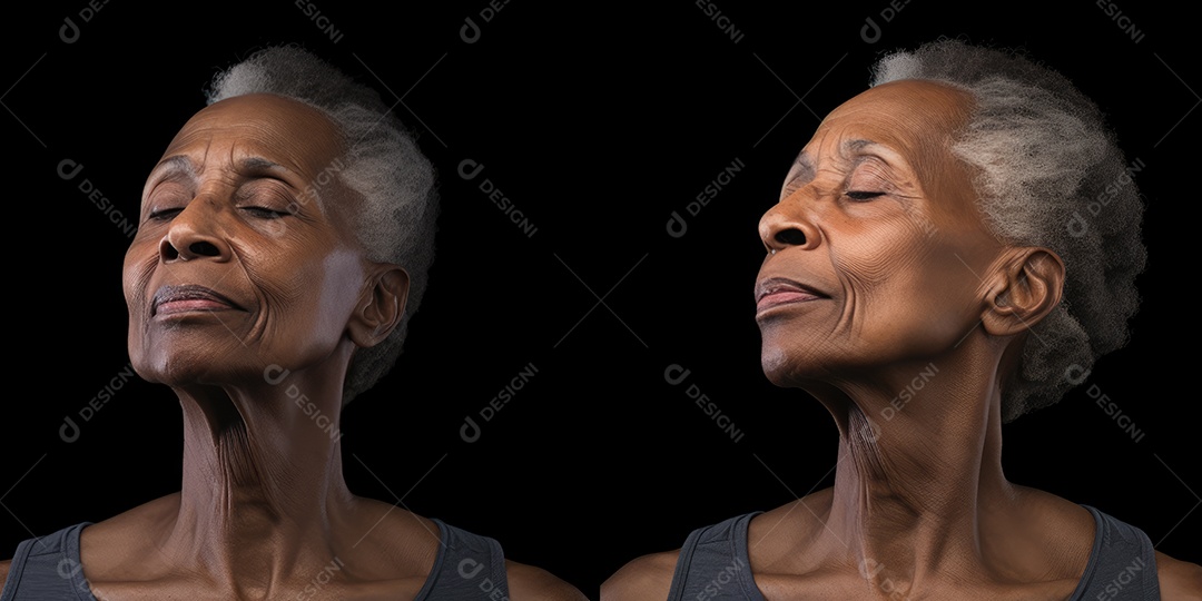 Uma mulher elegante mais velha, madura e amigável meditando e fazendo ioga com comportamento calmo e sereno