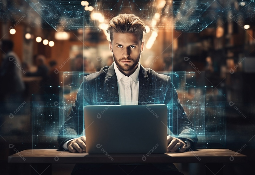 Imagem realista de homem empresário sobre um escritório mexendo em seu computador