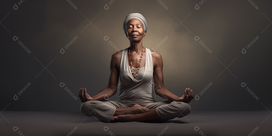 Uma mulher elegante mais velha, madura e amigável meditando e fazendo ioga com comportamento calmo e sereno